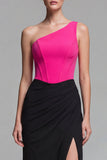 Fuchsia and Black One Shoulder Corset Mermaid Long Formal Dress with Slit