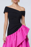 Fuchsia and Black A Line Off the Shoulder Ruffled Asymmetrical Formal Dress