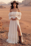 Off The Shoulder Maxi A Line Ivory Beach Wedding Dress with Ruffles