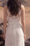 Ivory A Line Lace High Neck Long Boho Wedding Dress with Slit