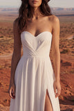 Simple Ivory Strapless A Line Long Beach Wedding Dress with Slit