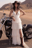 Ivory A Line Spaghetti Straps Long Pleated Beach Wedding Dress with Ruffles