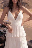 Ivory A Line Spaghetti Straps Long Pleated Beach Wedding Dress with Ruffles