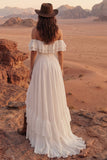Ivory Off the Shoulder A Line Maxi Beach Wedding Dress with Ruffles