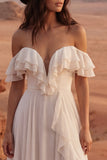Ivory Off the Shoulder A Line Maxi Beach Wedding Dress with Ruffles