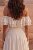 Ivory Off the Shoulder A Line Maxi Beach Wedding Dress with Ruffles