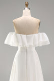 Ivory Off the Shoulder A Line Maxi Beach Wedding Dress with Ruffles