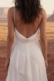 Ivory A Line Long Spaghetti Straps Beach Wedding Dress with Ruffles