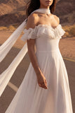 Ivory Neck Scarf A Line Ruffled Chiffon Beach Wedding Dress