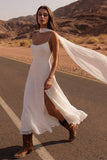 Ivory Spaghetti Straps A Line Long Beach Bridal Dress with Slit