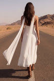 Ivory Spaghetti Straps A Line Long Beach Bridal Dress with Slit