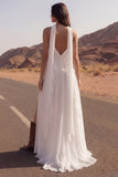 Ivory Spaghetti Straps A Line Long Beach Wedding Dress with Ruffles