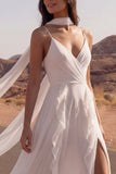 Ivory Spaghetti Straps A Line Long Beach Wedding Dress with Ruffles