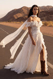 Floral Ivory A Line Maxi Beach Wedding Dress with Ruffles
