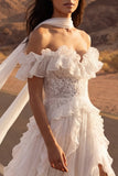 Floral Ivory A Line Maxi Beach Wedding Dress with Ruffles