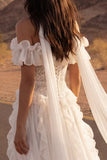 Floral Ivory A Line Maxi Beach Wedding Dress with Ruffles