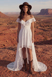 Floral Ivory A Line High Low Boho Wedding Dress
