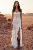 Floral Ivory Strapless Ruffled Sheath Long Boho Wedding Dress