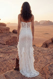 Floral Ivory Strapless Ruffled Sheath Long Boho Wedding Dress