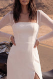 Ivory Sheath Square Neck Long Beach Wedding Dress with Slit