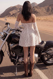 Ivory Floral Strapless A Line Lace Short Wedding Dress