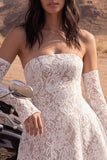 Ivory Floral Strapless A Line Lace Short Wedding Dress