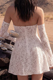 Ivory Floral Strapless A Line Lace Short Wedding Dress