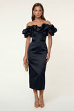 Black Satin Off the Shoulder Bodycon Midi Formal Dress with Slit
