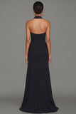 Black Sheath Halter Neck Ruffled Cut Out Long Formal Dress with Slit