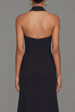 Black Sheath Halter Neck Ruffled Cut Out Long Formal Dress with Slit