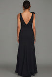 Black Sheath V-Neck Long Formal Dress with Bow