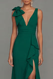 Dark Green Sheath V-Neck Ruffled Ruched Long Formal Dress with Slit