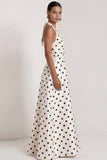 A-Line Satin Black White Dots Halter Neck Long Formal Dress with Slit
