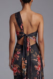 One Shoulder Printed Sheath Black Floral Dress