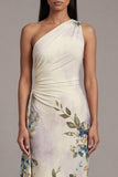 One Shoulder Printed Sheath Black Floral Dress