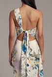 One Shoulder Printed Sheath Black Floral Dress