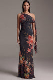 Asymmetrical Neck Black Mermaid Printed Ruched Floral Dress