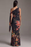 Asymmetrical Neck Black Mermaid Printed Ruched Floral Dress