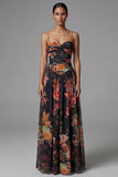 Printed Spaghetti Straps Black A Line Floral Dress