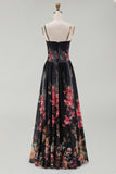 Printed Spaghetti Straps Black A Line Floral Dress