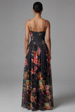 Printed Spaghetti Straps Black A Line Floral Dress