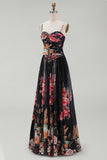 Printed Spaghetti Straps Black A Line Floral Dress