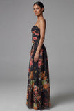 Printed Spaghetti Straps Black A Line Floral Dress