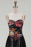 Printed Spaghetti Straps Black A Line Floral Dress