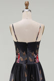 Printed Spaghetti Straps Black A Line Floral Dress