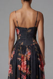 Printed Spaghetti Straps Black A Line Floral Dress