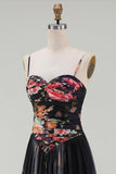 Printed Spaghetti Straps Black A Line Floral Dress