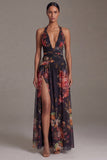 Halter Black Printed A Line Floral Dress