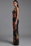 Strapless Ruched Black Mermaid Printed Floral Dress