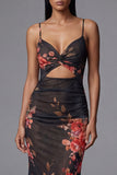 Printed Sheath Cut Out Black Spaghetti Straps Mermaid Long Floral Dress